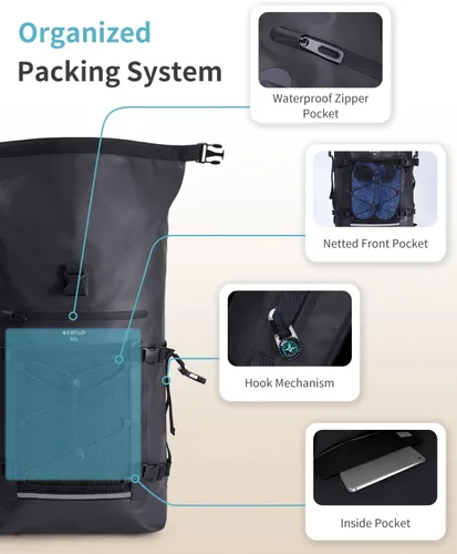 Vista 3 de ECOHUB Mochila impermeable para mujeres y hombres, bolsa seca resistente de 30L con cierre enrollable para viajes con funda impermeable IPX8
