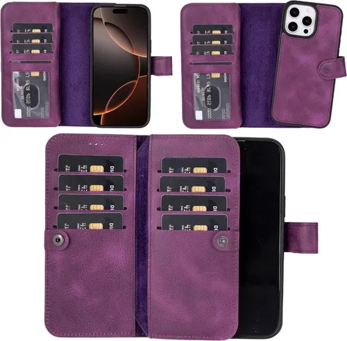 Vista 60 de HARDISTON Funda de piel auténtica de alta calidad hecha a mano para iPhone 7/8 / SE doble folio tarjetero - Funda magnética desmontable - Soporte