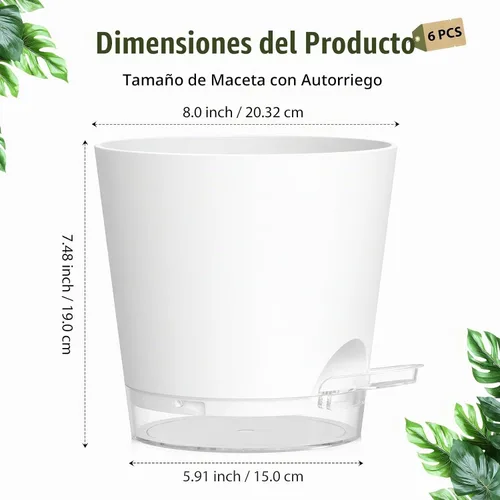 Vista 5 de Macetas de riego automático de 8 pulgadas, paquete de 2 macetas de plástico con agujeros de drenaje y platillos transparentes, macetas de plástico