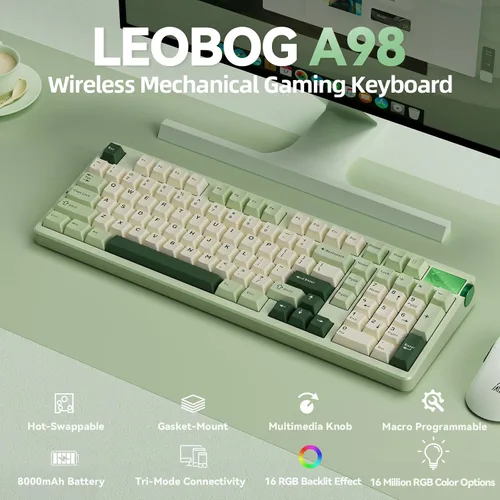Vista 2 de LEOBOG A98 - Teclado mecánico 96% inalámbrico Tri-Mode BT5.02.4GHzUSB-C, teclado cremoso con teclado numérico, estructura de junta intercambiable