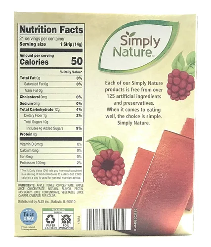 Vista 2 de Simply Nature Tiras de frutas sin OMG paquete económico de 21 tiras de frambuesa