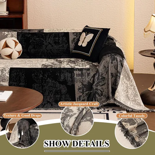 Vista 2 de STACYPIK Funda de sofá bohemia abstracta negra para mascotas, funda estética jacquard floral para sofá modular de 2 cojines para sofá de 2 plazas