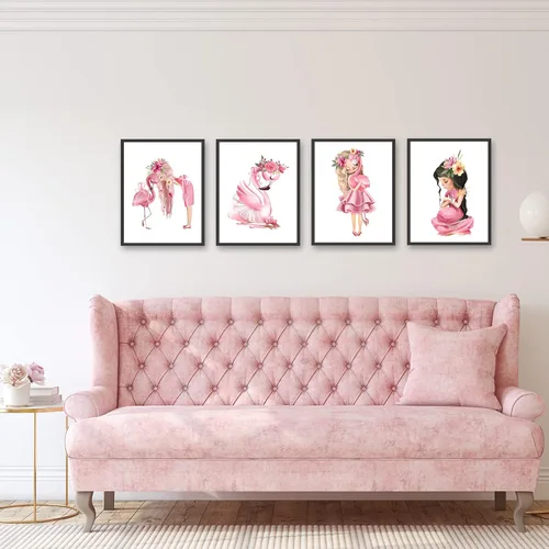 Vista 5 de Lienzo decorativo para pared de niña flamenco, cuadro rosa acuarela princesa floral decoración de animales para baby shower, baño, cuarto de bebé