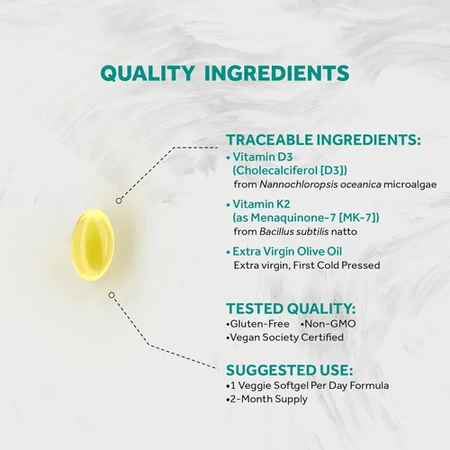 Vista 3 de Naturalis Vitamina vegana D3+K2 de algas 5000 UI D3 con 120 mcg MK7 Certificado de la sociedad vegana, de origen sostenible, mejor que