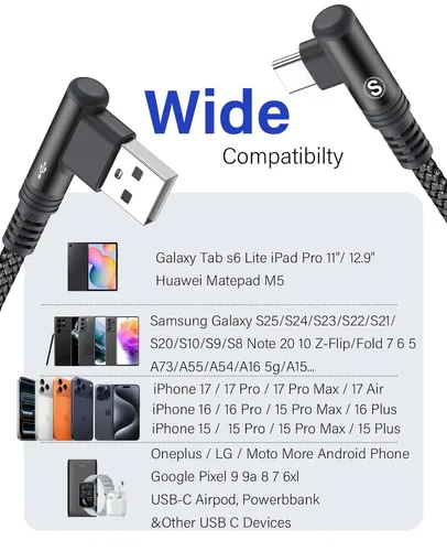 Vista 3 de sweguard Cargador USB a tipo C para iPhone 17 de 90 grados [2 unidades, 3.3 pies] Cable de carga rápida para iPhone 17 16 15 Pro Max Plus Galaxy S25