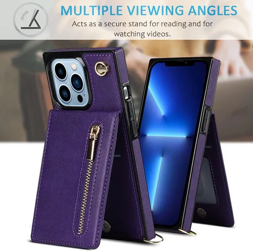 Vista 2 de Funda compatible con iPhone 13 de 6.1 pulgadas, a prueba de golpes, bolsillo con cremallera, correa de hombro, elegante funda protectora para iPhone