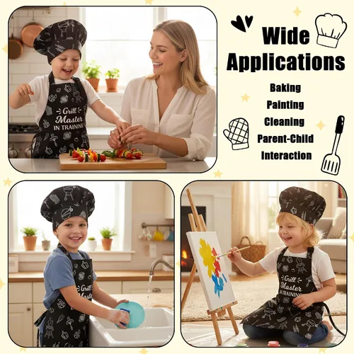 Vista 5 de R HORSE Juego de delantal y sombrero de chef para niños, 2 piezas, mini parrilla ajustable, delantal de cocina para niños, juego de rol, juguete