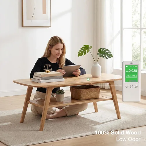Vista 4 de Mesa de centro moderna de mediados de siglo: mesa de centro 100% de madera maciza, diseño de almacenamiento de 2 niveles, mesas de centro pequeñas