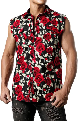 Vista 2 de JOGAL Camisa hawaiana sin mangas con botones y flores para hombre