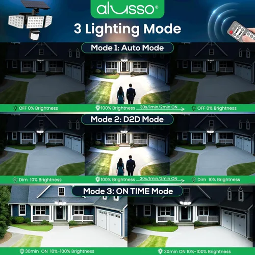 Vista 4 de ALUSSO Luces solares con sensor de movimiento para exteriores de 400 lúmenes, luces de seguridad LED con control remoto, 3 modos