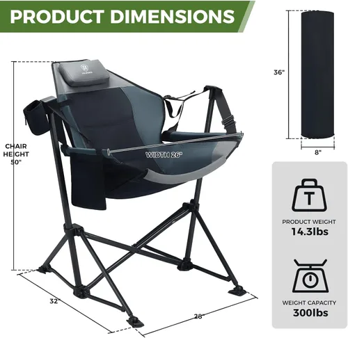 Vista 3 de EVER ADVANCED Hamaca acolchada para camping, silla columpio de gran tamaño resistente con portavasos desmontable, silla mecedora plegable portátil