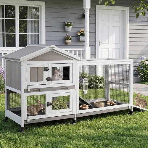 Vista 8 de PetsCosset - Jaula para conejos de 57" de largo, para interior y exterior, de 2 pisos, jaula grande para conejos con área descubierta, jaula