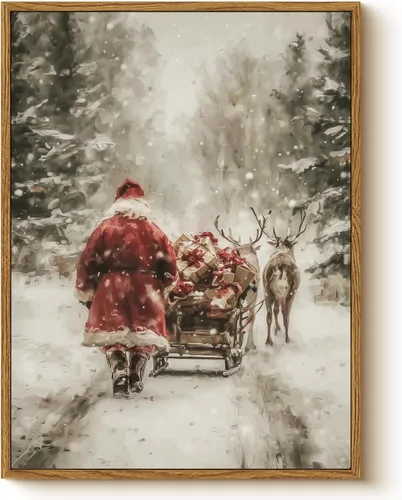 Vista 15 de Arte de pared con trineo, árbol navideño y cajas de regalo, 12 x 16 pulgadas, lienzo enmarcado de Navidad, cuadro rústico festivo, obra de arte