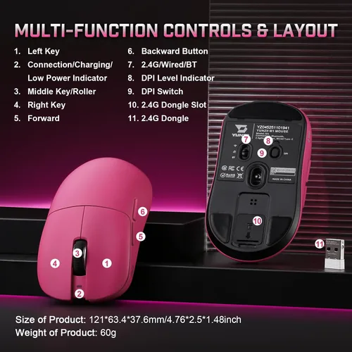 Vista 5 de YUNZII Ratón inalámbrico para juegos M1, mouse para juegos trimodo 2.4G/BT/cable, sensor PAW3311 10000 DPI recargable con 5 botones programables