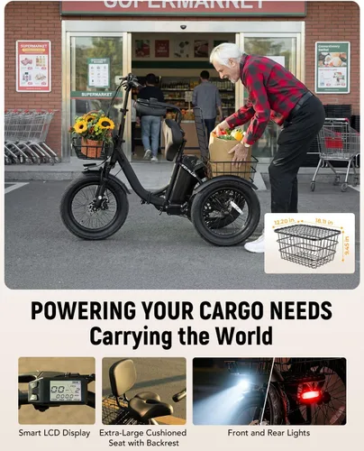 Vista 7 de Bicicleta eléctrica T10, triciclo eléctrico de 1200 W, motor sin escobillas, triciclo plegable de 48 V 10.4 AH, bicicleta eléctrica de 3 ruedas