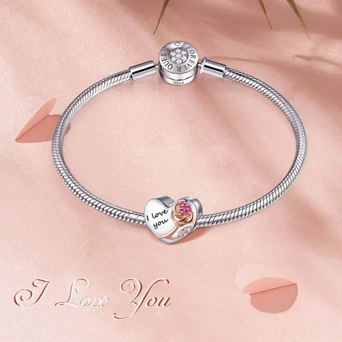 Vista 4 de Abalorios de plata de ley 925 con forma de corazón y flor de rosa 3D para pulseras, collares, bodas, día de San Valentín, día de la madre, regalo