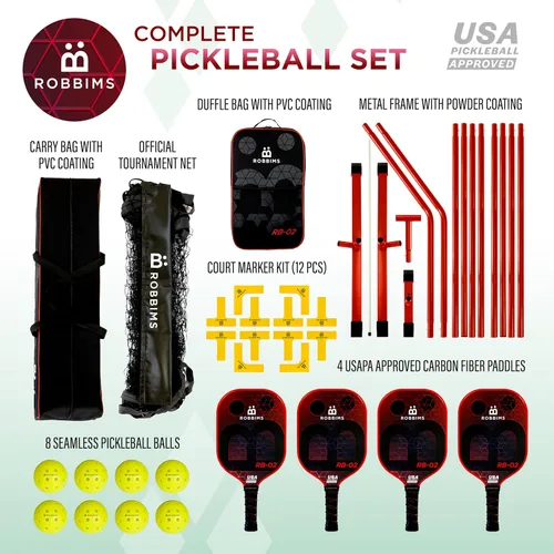 Vista 2 de Juego de pickleball con red 4 paletas de fibra de carbono aprobadas por Pickleball de EE. UU., sistema de red portátil de tamaño regulador, 8