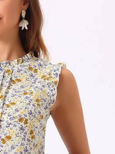 Vista 5 de Allegra K Blusa sin mangas para mujer, con volantes, para oficina, negocios, estilo vintage de los años 50, blusas florales