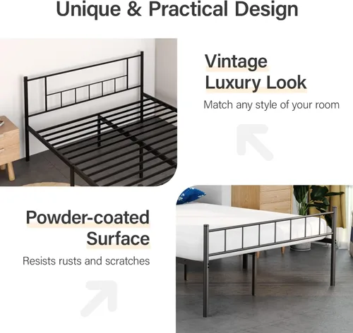 Vista 4 de Base de cama de plataforma de metal, base de colchón King, listones de acero resistente, soporte sin ruido con cabecera y tabla de pie, no necesita
