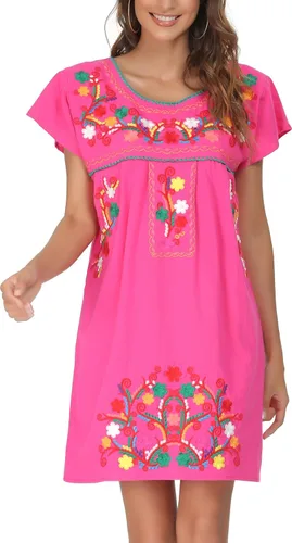 Vista 7 de YZXDORWJ - Vestido mexicano bordado de manga corta para mujer