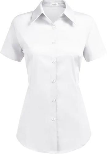 Vista 16 de HOTOUCH - Camisas básicas con botones para mujer de manga corta elásticas con cuello de botón para mesera y trabajo
