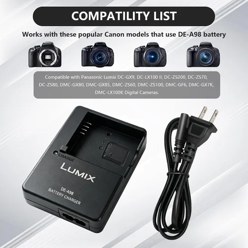 Vista 5 de Cargador DE-A98 compatible con cámara Panasonic LUMIX A98B A98C DE-A99 Fuente de alimentación de batería de cámara