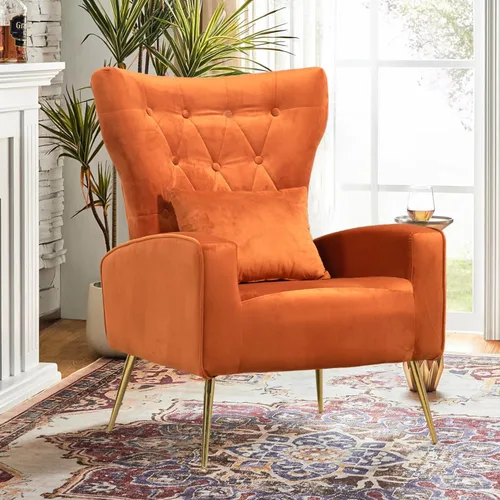 Vista 45 de Silla decorativa de terciopelo con respaldo abatible y cojín lumbar, sillón moderno para sala de estar/dormitorio, silla lateral de recepción