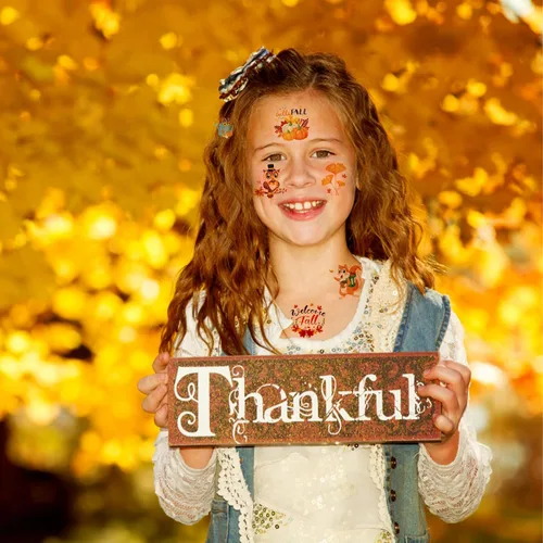 Vista 6 de HOWAF 96 tatuajes temporales de otoño para niños, tatuajes faciales de cosecha de otoño para bienvenida, otoño, hola, suministros de decoración