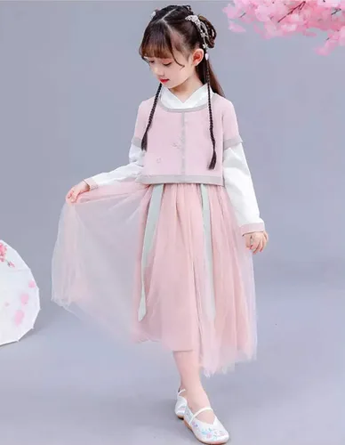 Vista 3 de Cosplay Life Vestido chino Hanfu para niñas, vestido chino de Año Nuevo, manga corta, Cheongsam bordado, traje de otoño