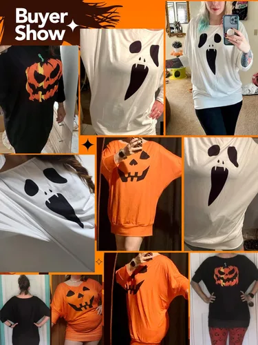 Vista 5 de XISOXU Camisas de Halloween para mujer disfraz sexy con hombros descubiertos manga 34 para fiesta calabaza sudaderas