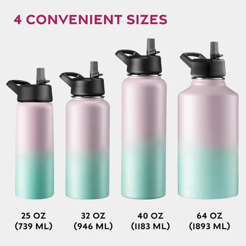 Vista 6 de Botellas de agua de acero inoxidable con triple aislamiento con pajita, botellas de agua aisladas reutilizables de 25 Oz con 3 tapas, botella