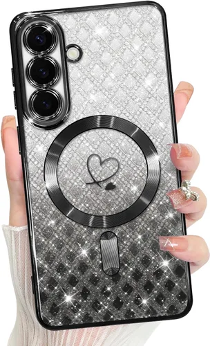 Vista 355 de Bonoma - Funda compatible con Samsung Galaxy S21 Plus, diseño de corazón con purpurina, color rosa Support for MagSafe, Plating Magnetic Case TPU