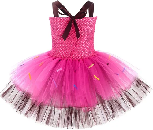 Vista 4 de Disfraz de dona para fiesta de Halloween, vestido de pastel de rosa con diadema para niños y niñas pequeñas, vestido de fiesta