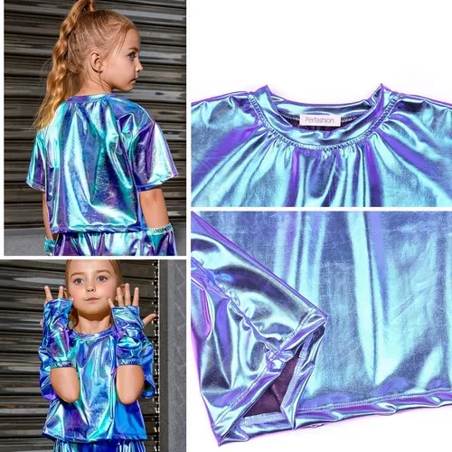 Vista 5 de Perfashion Camisas metálicas para niñas con mangas de brazo, top corto brillante para baile, raves, festivales, disfraces de 4 a 15 años