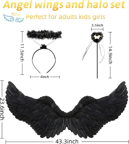 Vista 4 de Disfraz de alas de ángel y halo para adultos, alas de ángel de plumas para mujeres, niños y niñas, disfraz de fiesta temática de Halloween