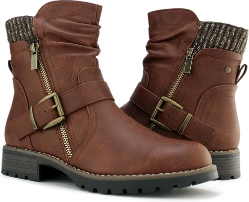 Vista 9 de Hawkwell Botas de Combate para Mujer con Cremallera Lateral y Hebilla, Botines de Tobillo de Moda Negro