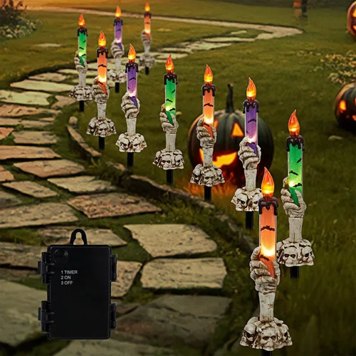 Vista 10 de WATERGLIDE Juego de 5 estacas de luz para velas de Halloween, diseño de manos de esqueleto, resistentes al agua, funciona
