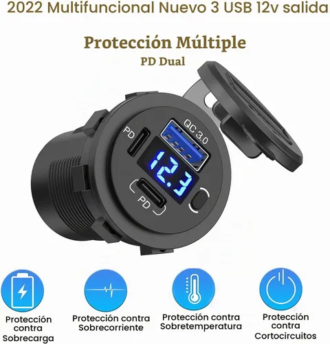 Vista 4 de Toma de corriente USB de 12 V, enchufe de cargador de coche USB C dual y puerto de carga rápida 3.0 con voltímetro e interruptor de alimentación