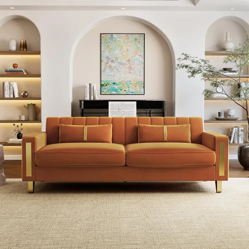 Vista 9 de Sofá de dos plazas para sala de estar, sofá de terciopelo beige de 86 pulgadas con 2 almohadas y patas de metal dorado, sofá tapizado moderno sofá
