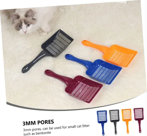 Vista 2 de 4 cucharas de arena para gatos, herramientas de limpieza de arena para gatos con agujeros pequeños, mango cómodo para mascotas para limpieza