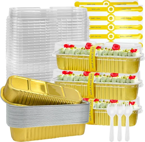 Vista 21 de Paquete de 100 mini moldes para pan de Navidad con tapas, mini moldes para pasteles con tapas y cucharas, moldes de papel de aluminio de 6.8 onzas
