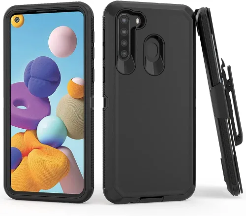 Vista 5 de Funda para teléfono Samsung Galaxy A21, resistente y resistente a prueba de golpes, funda protectora con clip para cinturón para Samsung A21 (negro)