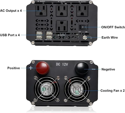 Vista 3 de Inversor de corriente de 2500 vatios de 12 V a 110 V/120 V CC a CA, pico de 5000 W, con control remoto y LCD, 4 salidas de CA y 4 puertos USB