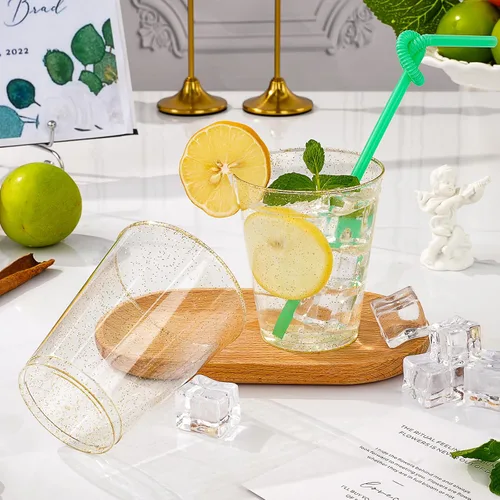 Vista 5 de Goodluck 50 vasos de plástico con purpurina dorada de 10 onzas, vasos desechables con purpurina, elegantes vasos de cóctel de plástico, vasos