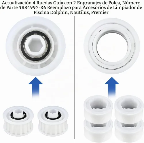 Vista 2 de 3884997-R6 4 ruedas guía y 2 engranajes de polea compatibles con Maytronics 4 ruedas guía con 2 engranajes de polea para Nautilus CC