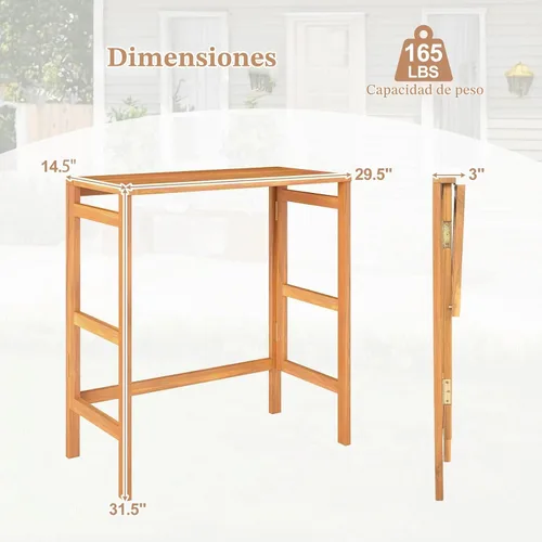 Vista 10 de Tangkula Mesa de bar plegable de madera de acacia para exteriores, mesa rectangular para patio, mesa de bar con mesa de listones, para balcón