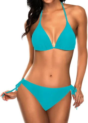 Vista 25 de Tempt Me - Conjunto de bikini triangular para mujer, traje de baño sexy de dos piezas, traje de baño con cintas laterales Azul verde