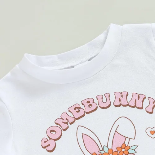 Vista 7 de Conjunto de ropa de verano con estampado de letras, sudadera con estampado de conejo, pantalones acampanados con diadema