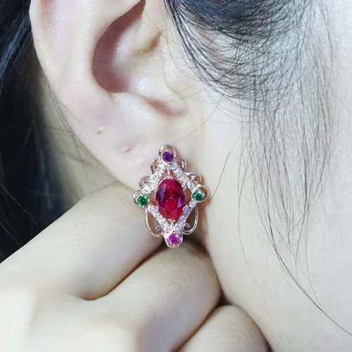 Vista 5 de SAGEKING 2024 New 585 Purple Gold Plated 14K Rose Gold Green Crystal Inlaid Exquisite Rhombus Ruby Earrings For Women Luxury New Wedding Jewelry