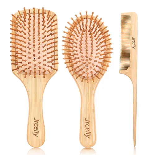 Vista 2 de Juego de 3 cepillos de pelo de bambú, cepillo de madera natural para mujeres, madam, cepillo desenredante de paleta para cabello seco, rizado